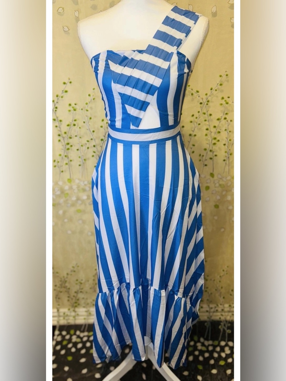 NWT Muindefeis Blue White Striped One Shoulder Cutout Midi Dress Pockets Size S